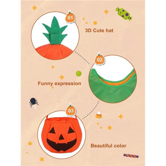 Adult Halloween Pumpkin Costume Set Pumpkin Cloak Poncho with‎ Candy Bag Hat - Picture 3 of 7